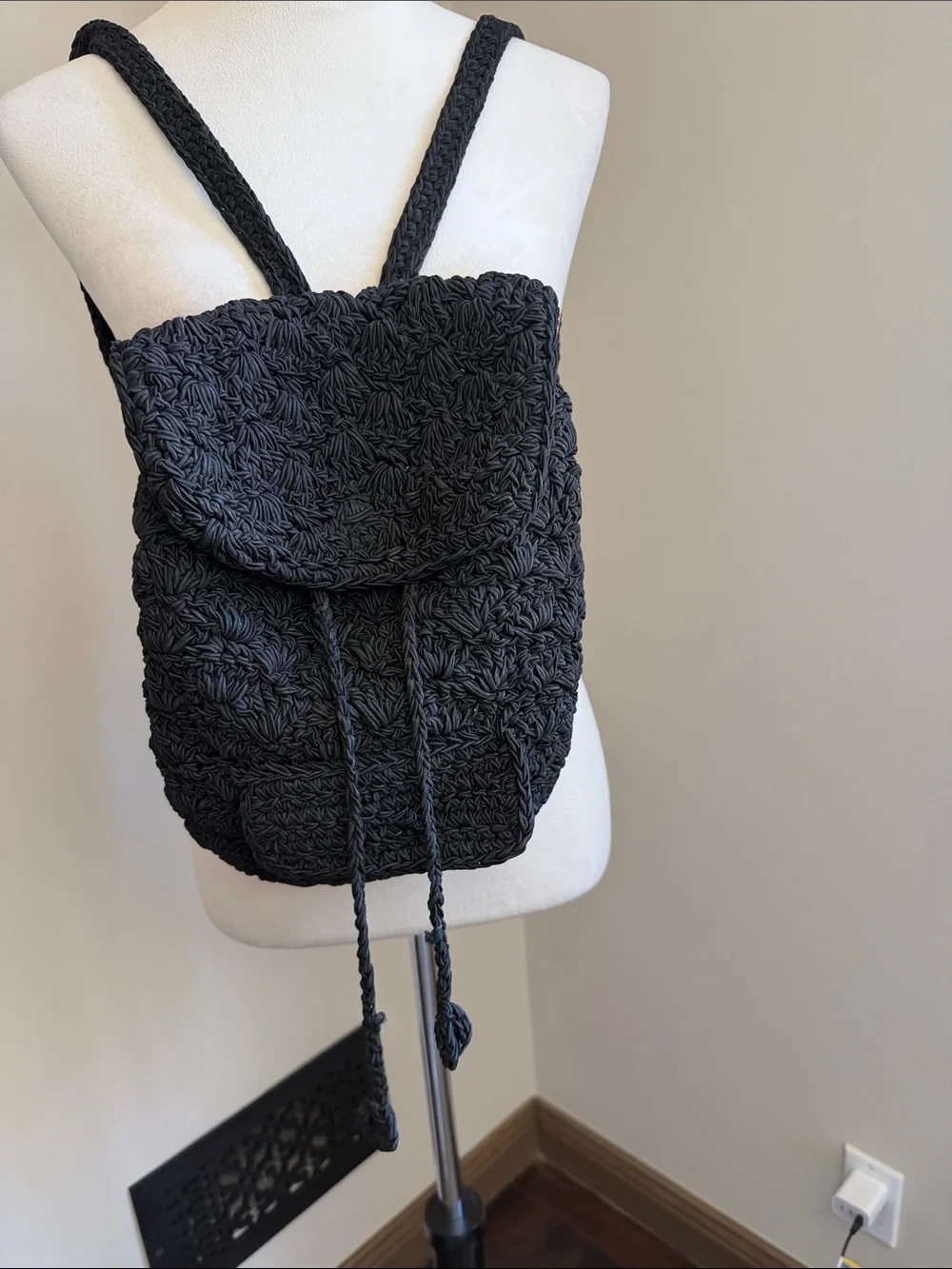 Vintage Black Floral Crocheted Drawstring Backpack Pockets Shoulder Straps Y2K